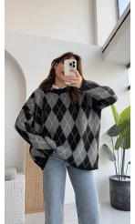 Bol Kesim Bisiklet Yaka Baklava Kazak - Siyah-Antrasit