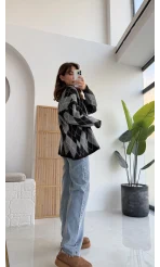 Bol Kesim Bisiklet Yaka Baklava Kazak - Siyah-Antrasit