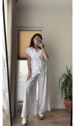 Bol Paça Pantolon Yelek Takım - Beyaz