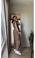 Bol Paça Pantolon Yelek Takım - Kahve