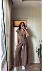 Bol Paça Pantolon Yelek Takım - Kahve