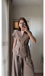 Bol Paça Pantolon Yelek Takım - Kahve