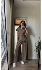 Bol Paça Pantolon Yelek Takım - Kahve