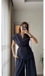 Bol Paça Pantolon Yelek Takım - Lacivert