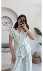 Bol Paça Pantolon Yelek Takım - Mavi