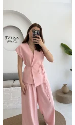 Bol Paça Pantolon Yelek Takım - Pembe