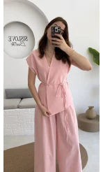 Bol Paça Pantolon Yelek Takım - Pembe