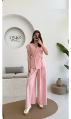 Bol Paça Pantolon Yelek Takım - Pembe