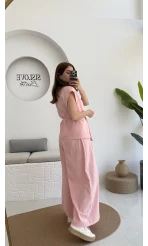 Bol Paça Pantolon Yelek Takım - Pembe