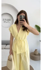 Bol Paça Pantolon Yelek Takım - Sarı