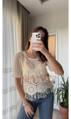 Boncuk Detay Triko Bluz