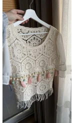 Boncuk Detay Triko Bluz