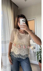 Boncuk Detay Triko Bluz