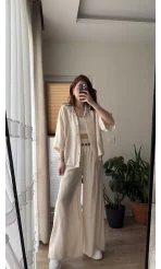 Boncuk Kemer Gömlek Pantolon Takım - Krem