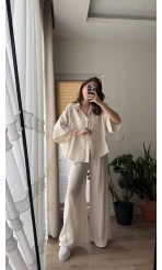 Boncuk Kemer Gömlek Pantolon Takım - Krem