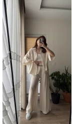 Boncuk Kemer Gömlek Pantolon Takım - Krem