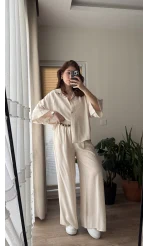 Boncuk Kemer Gömlek Pantolon Takım - Krem