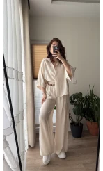 Boncuk Kemer Gömlek Pantolon Takım - Krem