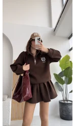 Bonneriee Pileli Mini Etek Sweat Takım - Kahverengi