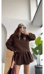 Bonneriee Pileli Mini Etek Sweat Takım - Kahverengi