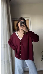 Bordo Gold Düğmeli Hırka