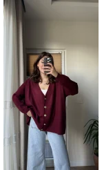 Bordo Gold Düğmeli Hırka