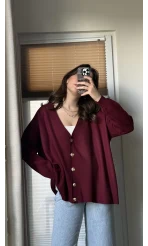 Bordo Gold Düğmeli Hırka