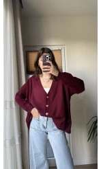 Bordo Gold Düğmeli Hırka