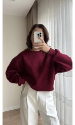 Bordo Kısa 3 İplik Şardonlu Sweat