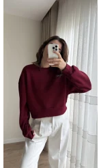 Bordo Kısa 3 İplik Şardonlu Sweat