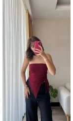 Bordo Straplez Büzgülü Üst