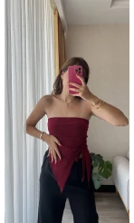 Bordo Straplez Büzgülü Üst