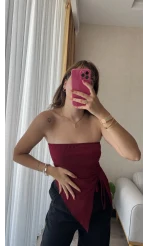 Bordo Straplez Büzgülü Üst