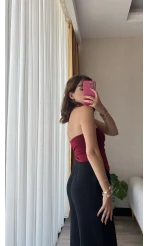 Bordo Straplez Büzgülü Üst