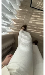 Boru Paça Lastikli Keten Astarlı Pantolon Beyaz