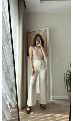 Boru Paça Lastikli Keten Astarlı Pantolon Beyaz