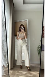 Boru Paça Lastikli Keten Astarlı Pantolon Beyaz