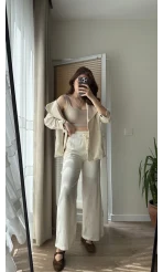 Boru Paça Lastikli Keten Astarlı Pantolon Beyaz