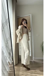 Boru Paça Lastikli Keten Astarlı Pantolon Beyaz