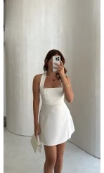 Boyundan Askılı Mini Elbise - Beyaz