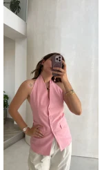 Boyundan Geçmeli Düğmeli Yelek - Pembe - Kod: 580407