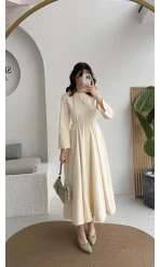 Brandy Kuşaklı Pens Detay Elbise - Ekru - Kod: 265011