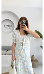 Bratislava Serisi Çiçekli Bluz - Mavi - 1029