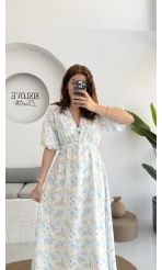 Bratislava Serisi Çiçekli Elbise - Mavi - 3057