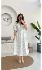 Bratislava Serisi Çiçekli Elbise - Mavi - 3057