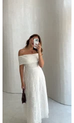 Brode Detay Pelerin Elbise - Beyaz - Kod: 3237
