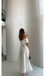 Brode Detay Pelerin Elbise - Beyaz - Kod: 3237