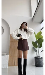 Broşlu Şort Etek - Acı Kahve