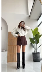 Broşlu Şort Etek - Acı Kahve