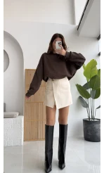 Broşlu Şort Etek - Ekru